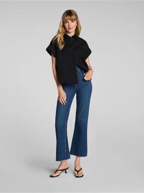 SPANX Raw Hem Pull On High-Rise Cropped Kick Flare Jeans in Medium Blue, S